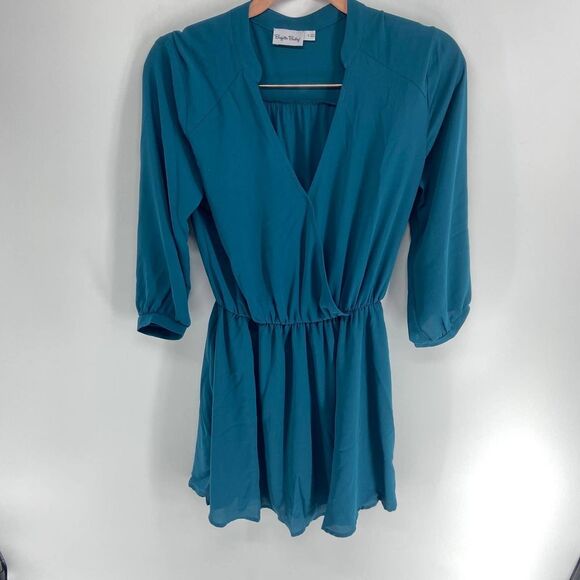 Brigitte Bailey Faux Teal Blue Wrap Long Sleeve Mini Dress Womens small - Picture 2 of 7